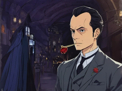 lupin,sherlock holmes,holmes,sherlock,count,undertaker,gentlemanly,dracula,butler,phantom,hans christian andersen,aristocrat,gobelin,hamelin,gothic portrait,door husband,two face,imperial coat,grand duke,detective,Illustration,Japanese style,Japanese Style 14