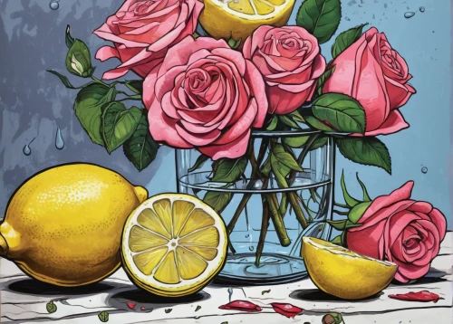 lemon background,lemon wallpaper,limoncello,lemon tree,yellow rose background,summer still-life,colored pencil background,spray roses,roses-fruit,still life,yellow roses,still life of spring,rose flower illustration,pink lemonade,lemons,flower illustrative,still-life,poland lemon,lemon,lemon juice,Illustration,American Style,American Style 13