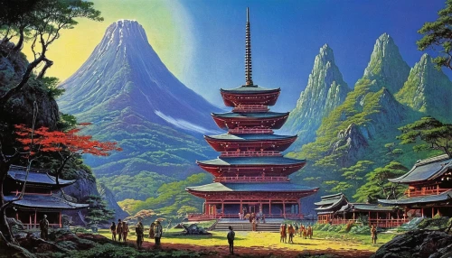 japan landscape,asian architecture,japanese mountains,chinese temple,japanese shrine,pagoda,japanese architecture,the golden pavilion,golden pavilion,stone pagoda,buddhist temple,mountain scene,temples,kumano kodo,japan,淡島神社,shinto shrine,hall of supreme harmony,koyasan,hanging temple,Conceptual Art,Sci-Fi,Sci-Fi 19