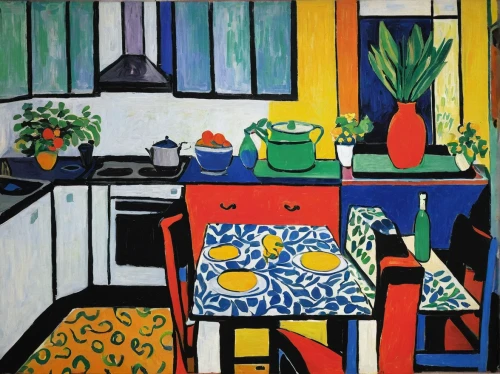 kitchen table,braque francais,dining table,the kitchen,girl in the kitchen,dining room,kitchen,breakfast table,kitchen interior,still life of spring,kitchen counter,partiture,bistro,café,an apartment,woman at cafe,dining room table,sideboard,apartment,table and chair,Art,Artistic Painting,Artistic Painting 40