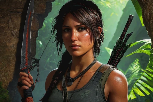 lara,croft,huntress,katniss,game illustration,female warrior,game art,quiet,full hd wallpaper,portrait background,playstation 4,bowie knife,mobile video game vector background,rosa ' amber cover,girl with gun,beautiful girls with katana,action-adventure game,bow and arrows,main character,hunting knife,Conceptual Art,Daily,Daily 25