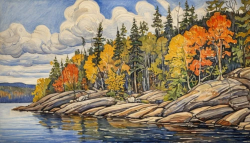 coastal landscape,fall landscape,autumn landscape,beach landscape,river landscape,split rock,painting technique,autumn mountains,mountain scene,david bates,maligne river,stratocumulus,forest landscape,medicine lake,alberta,salt meadow landscape,two jack lake,banff,fall foliage,bow falls,Illustration,Paper based,Paper Based 24