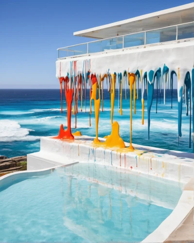 bondi beach,outdoor pool,colorful water,infinity swimming pool,dug-out pool,beach house,pool house,swimming pool,roof top pool,colorful glass,color combinations,washing line,landscape design sydney,bondi,beachhouse,landscape designers sydney,nautical colors,beach huts,splash of color,rainbow color palette,Conceptual Art,Graffiti Art,Graffiti Art 08