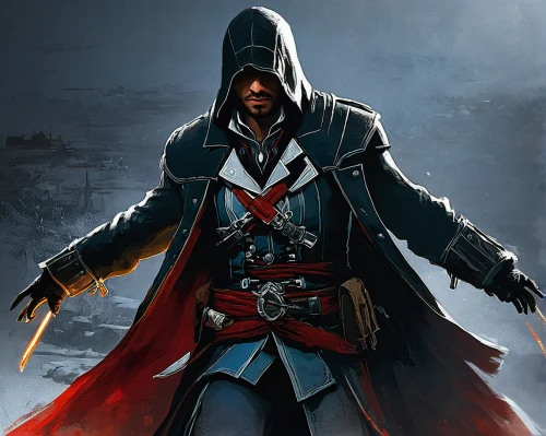 assassin,assassins,hooded man,pirate,templar,red coat,massively multiplayer online role-playing game,musketeer,red hood,jolly roger,pirates,pirate flag,game illustration,piracy,dodge warlock,guy fawkes,scythe,reaper,red riding hood,iron mask hero,Conceptual Art,Oil color,Oil Color 11