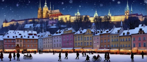 christmas snowy background,christmasbackground,hamelin,christmas market,winter background,christmas landscape,prague castle,french digital background,wroclaw,hanseatic city,erfurt,nordic christmas,winter village,prague,snow scene,northern europe,charles bridge,freiburg,winter festival,nuremberg,Illustration,Realistic Fantasy,Realistic Fantasy 35