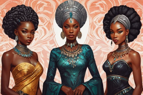 beautiful african american women,afro american girls,african art,african culture,black women,three kings,the three graces,black models,prosperity and abundance,moorish,the three magi,holy three kings,rosa ' amber cover,women silhouettes,african woman,three wise men,trinity,anmatjere women,three pillars,adornments,Illustration,Abstract Fantasy,Abstract Fantasy 07