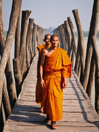 buddhists monks,teak bridge,monks,buddhist monk,buddhists,theravada buddhism,indian monk,wooden bridge,myanmar,rishikesh,ganges,connectedness,laos,cambodia,chiang mai,road bridge,footbridge,inle lake,river of life project,people walking,Illustration,Japanese style,Japanese Style 13