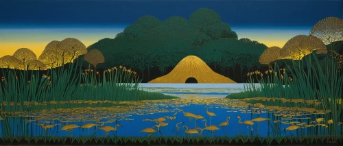 lotus pond,chinese art,luo han guo,wetland,cool woodblock images,han thom,river landscape,ricefield,yunnan,lotus on pond,forest landscape,water lotus,japan landscape,dongfang meiren,oriental painting,lily pond,wetlands,golden lotus flowers,rice fields,lotus blossom,Illustration,Retro,Retro 26
