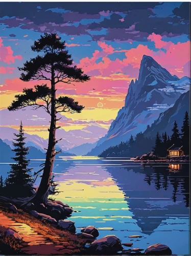 tofino,evening lake,purple landscape,coast sunset,painting technique,mountain sunrise,incredible sunset over the lake,banff,alaska,tahoe,mountain lake,coastal landscape,west canada,montana,bow lake,dusk,vancouver island,oil on canvas,mountain beach,lakeside,Conceptual Art,Fantasy,Fantasy 32