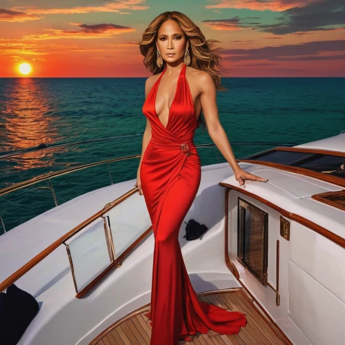 on a yacht,mariah carey,girl on the boat,yacht,sailing orange,boat ride,at sea,boat trip,queen of liberty,jon boat,luxury yacht,red gown,yachts,lady in red,sea fantasy,scarlet sail,boating,man in red dress,on the water,nautical star,Illustration,American Style,American Style 07