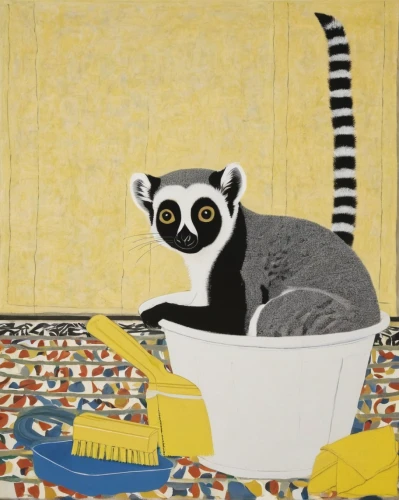 lemur,madagascar,anthropomorphized animals,kitchen towel,lemurs,whimsical animals,ring tailed lemur,coatimundi,ring-tailed,slow loris,tanzania,raccoon,bathroom tissue,carol colman,knitting laundry,tamarin,mustelid,striped background,gibbon,bathing,Conceptual Art,Oil color,Oil Color 15
