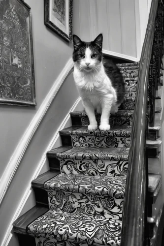 girl on the stairs,stair,banister,staircase,stairs,outside staircase,vintage cat,stairway,stairway to heaven,stairwell,napoleon cat,the threshold of the house,gordon's steps,stone stairway,catwalk,magpie cat,stone stairs,steps,brindle cat,figaro,Illustration,Black and White,Black and White 11