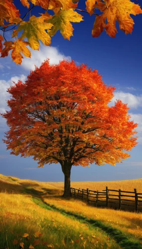 autumn background,autumn tree,autumn landscape,fall landscape,autumn scenery,maple tree,colors of autumn,autumn trees,autumn idyll,fall foliage,landscape background,colorful tree of life,red tree,deciduous tree,lone tree,isolated tree,autumn colors,autumn day,sky of autumn,the autumn,Art,Artistic Painting,Artistic Painting 21