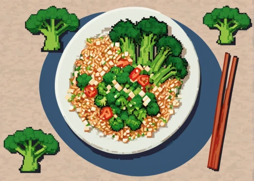 brocoli broccolli,noodle bowl,rice dish,yeung chow fried rice,nabemono,bowl of rice,rice bowl,wheatberry,rice meat,congee,udon,rapini,special fried rice,broccoflower,stir-fry,larb,pilaf,bibimbap,korean side dish,tibetan bowl,Unique,Pixel,Pixel 01