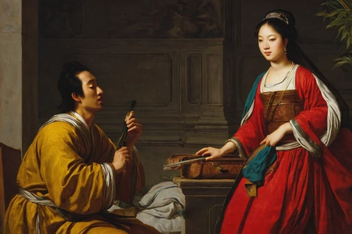 young couple,the annunciation,oriental painting,dongfang meiren,orientalism,luo han guo,meticulous painting,asian woman,woman playing,holy family,courtship,korean culture,geisha,woman holding a smartphone,chinese art,taiwanese opera,the long-hair cutter,praying woman,the flute,asian culture,Art,Classical Oil Painting,Classical Oil Painting 33