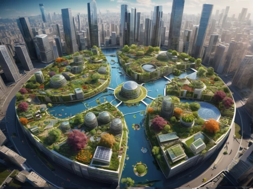 futuristic architecture,futuristic landscape,artificial islands,terraforming,artificial island,floating islands,smart city,solar cell base,urban development,urban design,eco-construction,roof domes,ecological sustainable development,fantasy city,cube stilt houses,permaculture,urbanization,futuristic art museum,floating island,utopian,Photography,Documentary Photography,Documentary Photography 14