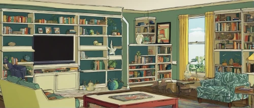 bookcase,bookshelves,study room,bookshelf,reading room,blue room,the little girl's room,one-room,armoire,book wall,cabinetry,studio ghibli,one room,danish room,an apartment,house painting,room,playing room,bookworm,interiors,Illustration,Vector,Vector 03