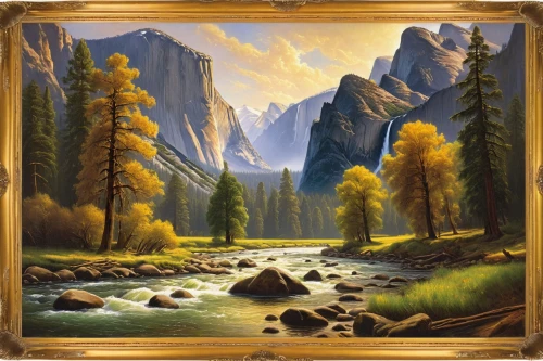 salt meadow landscape,landscape background,mountain scene,forest landscape,mountain landscape,yosemite park,river landscape,autumn landscape,mountainous landscape,yosemite,autumn mountains,nature landscape,larch forests,fall landscape,temperate coniferous forest,yosemite valley,natural landscape,forest background,valley,meadow landscape,Illustration,Realistic Fantasy,Realistic Fantasy 32