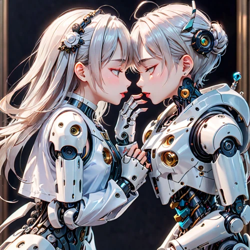 robots,silver wedding,robotics,doll looking in mirror,robotic,machines,kiss,smooch,duet,ai,in pairs,robot combat,sisters,affection,porcelain dolls,automated,hands holding,into each other,kiss flowers,automation,Anime,Anime,General