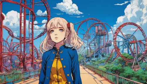 amusement park,tsumugi kotobuki k-on,amusement ride,violet evergarden,wonderland,roller coaster,looping,theme park,coaster,heavy object,darjeeling,panoramical,fantasia,sky,piko,alice,fantasy world,luna park,skyland,dream world,Conceptual Art,Daily,Daily 14