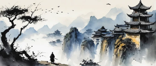 chinese art,guizhou,huashan,yunnan,zhangjiajie,chinese background,chinese architecture,hwachae,huangshan maofeng,watercolor background,chinese clouds,forbidden palace,wuyi,mountainous landscape,guilin,chinese temple,mountain landscape,oriental painting,yi sun sin,yuanyang,Illustration,Paper based,Paper Based 05