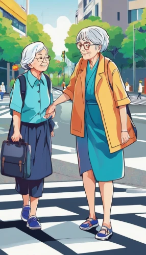 senior citizens,crosswalk,elderly people,pedestrian crossing,crossing,elderly,strolling,pensioners,old couple,stroll,old people,girlfriends,respect the elderly,anime japanese clothing,holding hands,pedestrians,care for the elderly,shopping street,tourists,residents,Illustration,Japanese style,Japanese Style 04