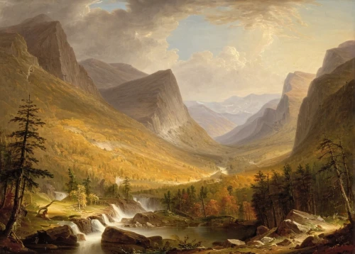 robert duncanson,mountain scene,mountain landscape,mountainous landscape,salt meadow landscape,river landscape,the landscape of the mountains,thomas moran,mountain valleys,panoramic landscape,mountain valley,mountain river,brook landscape,autumn mountains,landseer,forest landscape,high landscape,valley,mountainous landforms,falls of the cliff,Illustration,Paper based,Paper Based 24