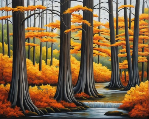 forest landscape,autumn forest,row of trees,tree grove,cartoon forest,deciduous forest,autumn landscape,autumn trees,fall landscape,forest glade,riparian forest,spruce forest,brook landscape,golden trumpet trees,pine forest,forest road,coniferous forest,larch trees,the trees in the fall,mixed forest,Illustration,Abstract Fantasy,Abstract Fantasy 03