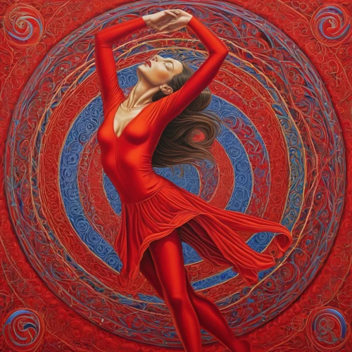 hoop (rhythmic gymnastics),tanoura dance,ball (rhythmic gymnastics),flamenco,rhythmic gymnastics,dancer,whirling,dance with canvases,latin dance,rope (rhythmic gymnastics),man in red dress,majorette (dancer),dance,root chakra,twirl,ribbon (rhythmic gymnastics),twirling,baton twirling,valse music,salsa dance,Illustration,Abstract Fantasy,Abstract Fantasy 21