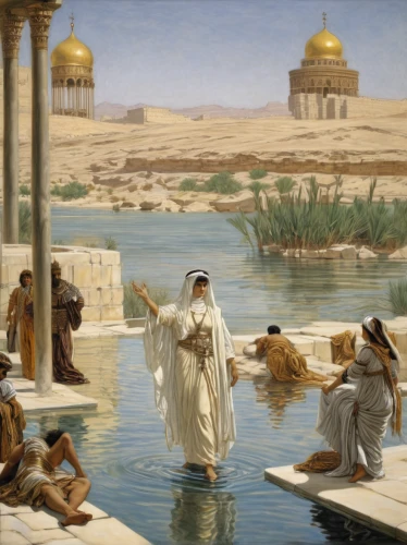 genesis land in jerusalem,dead sea scroll,jordan river,woman at the well,orientalism,qasr al watan,bathing,qasr azraq,baptism,egyptian temple,fountain of the moor,nile,oasis,old testament,egyptians,lily of the nile,king abdullah i mosque,fetching water,nile river,trumpet of jericho,Illustration,Realistic Fantasy,Realistic Fantasy 43
