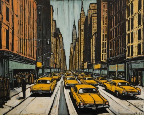 david bates,yellow taxi,new york taxi,yellow cab,street car,taxicabs,taxi cab,cabs,yellow car,new york streets,streetcar,cool woodblock images,street scene,automobiles,olle gill,newyork,travel poster,manhattan,chrysler building,austin cambridge,Art,Artistic Painting,Artistic Painting 01