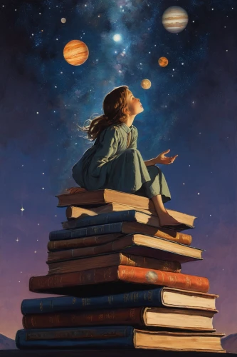 astronomer,sci fiction illustration,astronomy,girl studying,books,astronomers,child with a book,little girl reading,reading,bookworm,read a book,stargazing,magic book,astral traveler,constellations,imagination,the universe,universe,the books,readers,Art,Classical Oil Painting,Classical Oil Painting 12