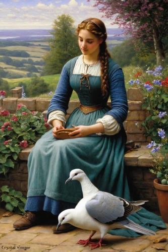 dove of peace,doves of peace,peace dove,girl in the garden,doves and pigeons,woman holding pie,girl picking flowers,emile vernon,idyll,pigeons and doves,dove,dove eating out of your hand,romantic portrait,birds love,bird painting,white pigeon,ornithology,romantic scene,birds with heart,flower and bird illustration,Unique,Paper Cuts,Paper Cuts 01