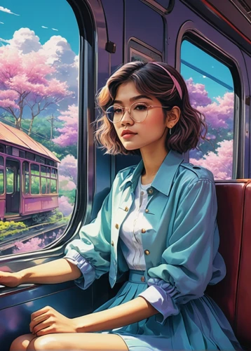 the girl at the station,japanese sakura background,world digital painting,japanese woman,train ride,asian woman,train of thought,retro woman,vietnamese woman,woman sitting,amtrak,passenger,sci fiction illustration,asian vision,digital painting,train,korea subway,sky train,retro girl,travel woman,Illustration,Japanese style,Japanese Style 11