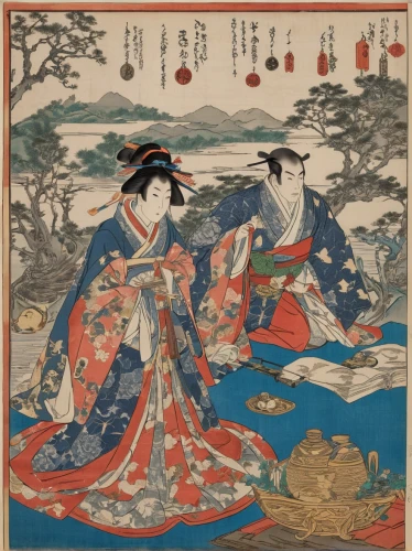 cool woodblock images,oriental painting,kimono fabric,woodblock prints,japanese art,geisha,motsunabe,jinrikisha,geomungo,taiwanese opera,honzen-ryōri,shakuhachi,motifs of blue stars,young couple,yi sun sin,jeongol,korean history,japan pattern,ebi no shioyaki,plum blossoms,Illustration,Realistic Fantasy,Realistic Fantasy 42