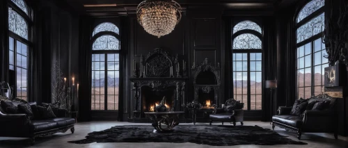 ornate room,dark cabinetry,gothic style,sitting room,luxury home interior,living room,great room,a dark room,dark gothic mood,fireplaces,interior design,livingroom,fireplace,the throne,the living room of a photographer,apartment lounge,interiors,interior decor,throne,chandelier,Illustration,Realistic Fantasy,Realistic Fantasy 46