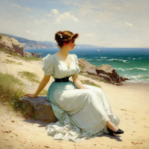 lev lagorio,the sea maid,landscape with sea,woman sitting,bougereau,man at the sea,beach landscape,girl on the dune,sea breeze,sea landscape,woman playing,summer day,la violetta,girl in a long dress,young woman,by the sea,girl with cloth,woman with ice-cream,coastal landscape,breton,Conceptual Art,Oil color,Oil Color 19