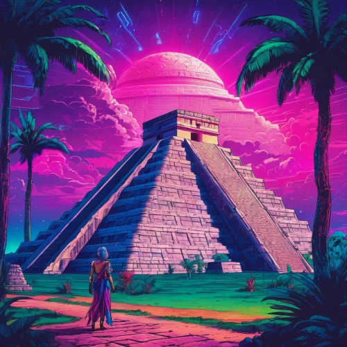 pyramids,pyramid,step pyramid,temple fade,russian pyramid,aztec,eastern pyramid,temples,el dorado,chichen-itza,80's design,kharut pyramid,cancun,chichen itza,ancient,retro background,mexico,yucatan,odyssey,80s,Conceptual Art,Sci-Fi,Sci-Fi 27