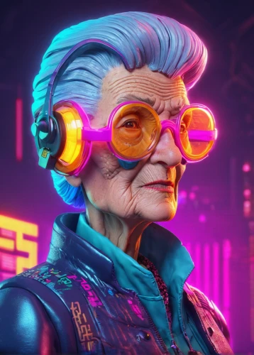 cyberpunk,grandma,cyber glasses,granny,elderly lady,grandmother,old elektrolok,old woman,kosmea,2080ti graphics card,old person,pensioner,80s,elderly person,retro woman,grama,senior citizen,80's design,aging icon,electro,Conceptual Art,Sci-Fi,Sci-Fi 27
