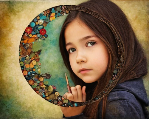 mystical portrait of a girl,magic mirror,mirror in the meadow,dream catcher,child portrait,girl with speech bubble,crystal ball-photography,circle shape frame,parabolic mirror,children's background,children's fairy tale,little girl fairy,photo manipulation,girl in a wreath,young girl,image manipulation,child fairy,magnifying glass,innocence,magnify glass,Conceptual Art,Daily,Daily 34