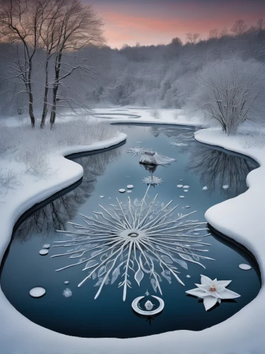flower of water-lily,lotus on pond,ice landscape,pond flower,winter landscape,white water lilies,white water lily,snow landscape,lily pond,water lotus,waterlily,winter magic,lotus pond,ice flowers,water lily,snowy landscape,winter dream,lotus blossom,lotus effect,flower water,Illustration,Realistic Fantasy,Realistic Fantasy 40