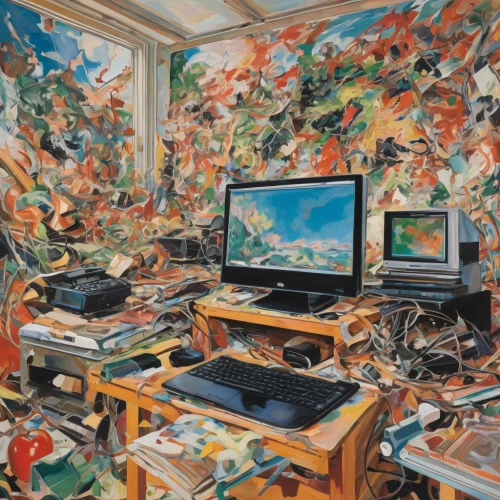 computer room,computer art,trip computer,computer,man with a computer,computer addiction,computer desk,computers,computer workstation,cyberspace,computer system,clutter,computer graphics,the server room,home office,the computer screen,windows 95,computer freak,desktop computer,creative office,Conceptual Art,Oil color,Oil Color 18