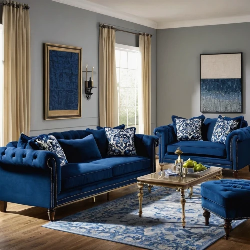 mazarine blue,blue room,sofa set,sitting room,family room,loveseat,blue pillow,chaise lounge,apartment lounge,contemporary decor,slipcover,shades of blue,jasmine blue,settee,royal blue,blue chrysanthemum,cobalt blue,living room,hauhechel blue,ottoman,Art,Classical Oil Painting,Classical Oil Painting 28