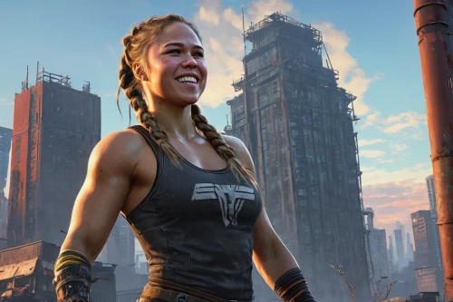 fallout4,grin,city ​​portrait,post apocalyptic,a girl's smile,callisto,massively multiplayer online role-playing game,dystopian,refinery,lara,killer smile,insurgent,cg artwork,sci fiction illustration,grinning,divergent,woman holding gun,a smile,girl with gun,game art,Conceptual Art,Fantasy,Fantasy 12