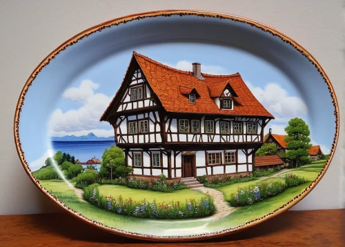 wooden plate,decorative plate,half-timbered,half-timbered house,half timbered,vintage china,leittafel,vintage dishes,chinaware,tableware,wall plate,earthenware,half-timbered houses,danish breakfast plate,danish house,hamburger plate,dishware,salad plate,dinnerware set,swiss house,Illustration,Realistic Fantasy,Realistic Fantasy 18