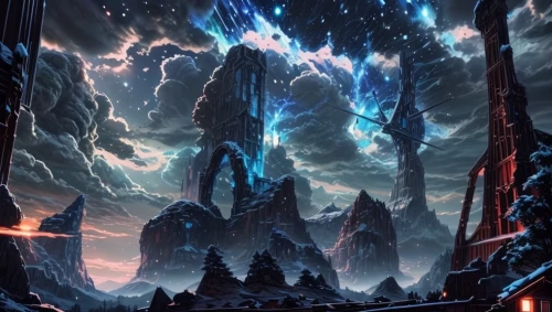 fantasy landscape,alien world,3d fantasy,futuristic landscape,fractal environment,hall of the fallen,background screen,fantasy picture,background image,space art,maelstrom,northrend,screen background,dark world,cg artwork,alien planet,fantasy art,power towers,valerian,portal