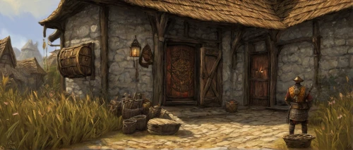 the threshold of the house,tavern,dwarf cookin,knight village,apothecary,devilwood,ancient house,medieval street,skyrim,dwarf sundheim,small house,wooden door,merchant,hearth,traditional house,house entrance,castle iron market,guild,witcher,druid grove,Art,Artistic Painting,Artistic Painting 49