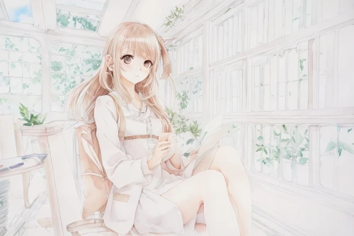 violet evergarden,white winter dress,tea zen,spring white,pale,coffee background,white clothing,white room,white pink,jessamine,white lily,citrus,sitting on a chair,white color,tsumugi kotobuki k-on,transparent background,light pink,drinking coffee,airy,white silk,Game&Anime,Manga Characters,Watercolor