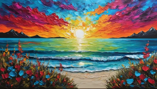 oil painting on canvas,sun and sea,art painting,sea landscape,colorful background,oil on canvas,painting technique,seascape,coast sunset,sunrise beach,sun,oil painting,sunburst background,boho art,colorful water,sunset beach,beach landscape,vibrant,colorful light,harmony of color,Illustration,Black and White,Black and White 06