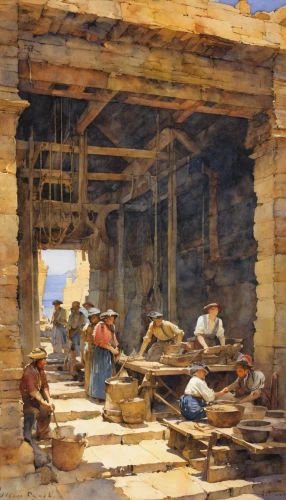 brick-making,sawmill,basket weaver,workers,the production of the beer,basket maker,blacksmith,construction workers,threshing,carpenter,woman at the well,a carpenter,pilgrims,woodworker,brick-laying,wooden construction,hatmaking,the market,straw roofing,bricklayer,Illustration,Paper based,Paper Based 23